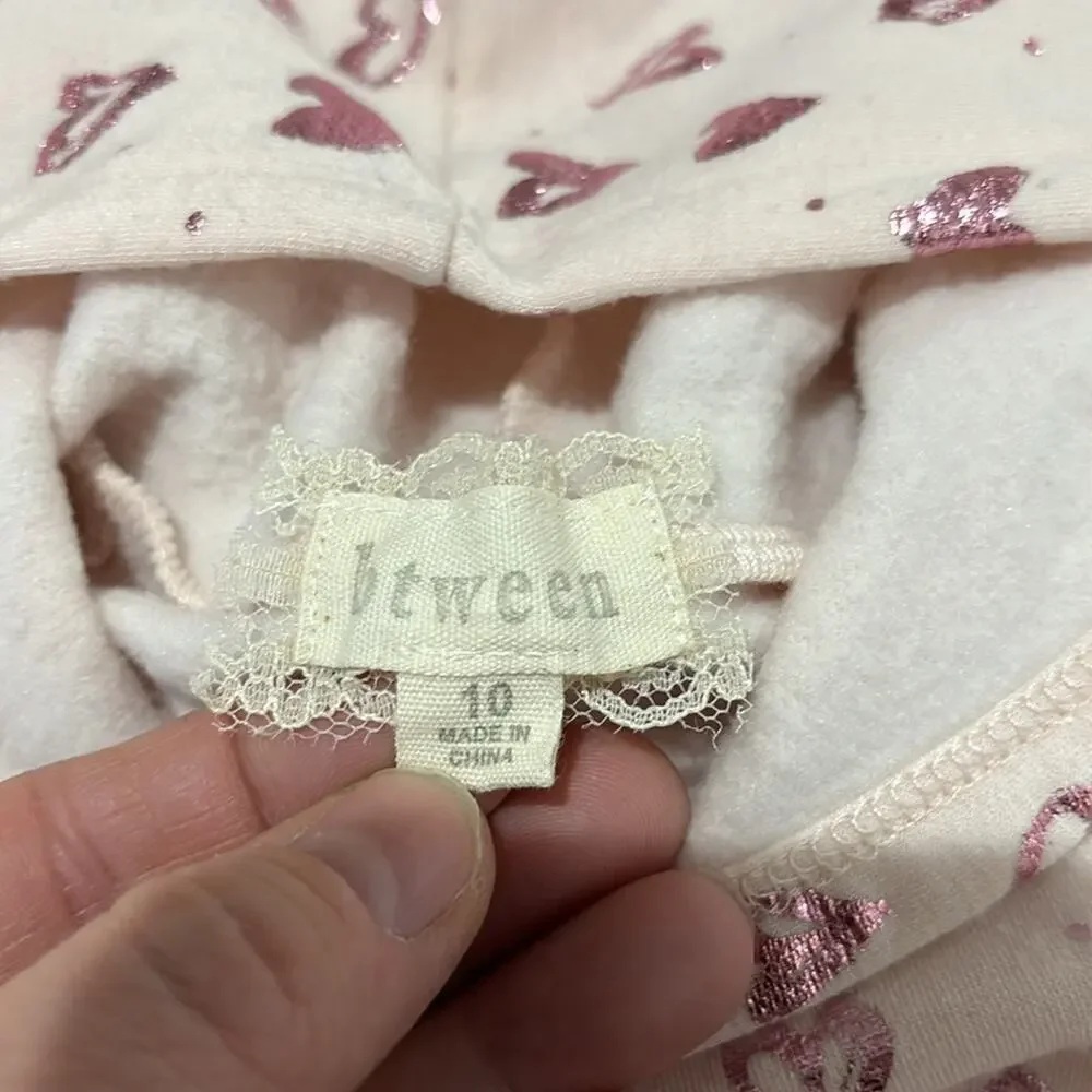 Btween 10 pink hooded sweatshirt pink metallic heart print sequin pocket euc